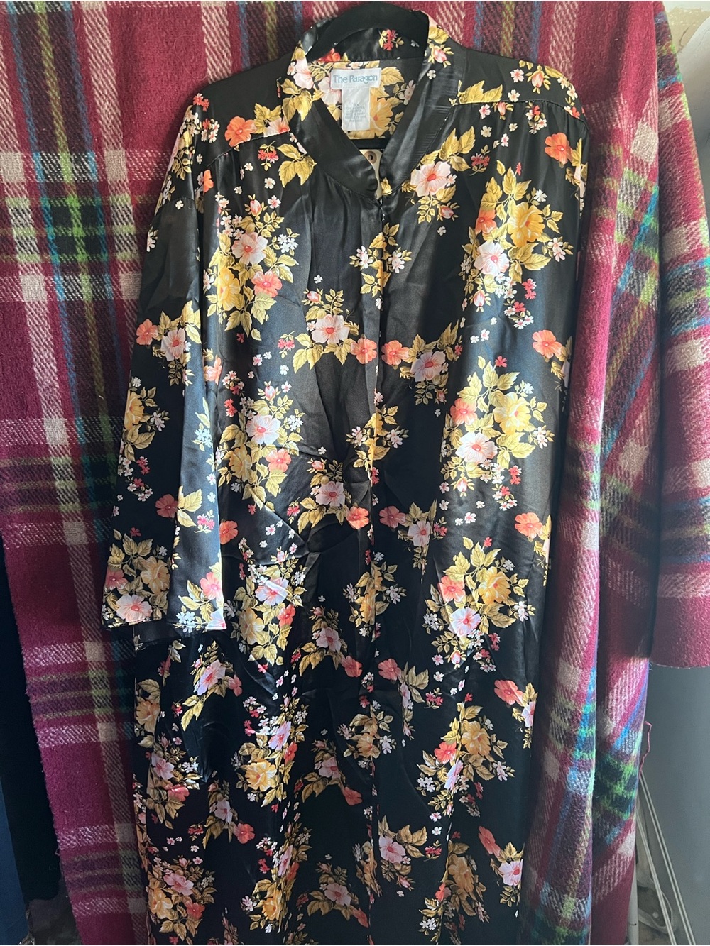 Vi gave Black Floral Satin Zip Caftan House Dress with Yellow & Pink Blooms